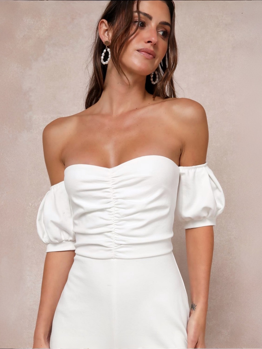 Lulus Impress Release White Off-the-Shoulder Puff Sleeve Jumpsuit Sz S NEW - Picture 2 of 9